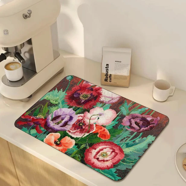 莫奈花园集-油画风之罂粟花硅藻泥吸水餐垫防滑浴室地垫