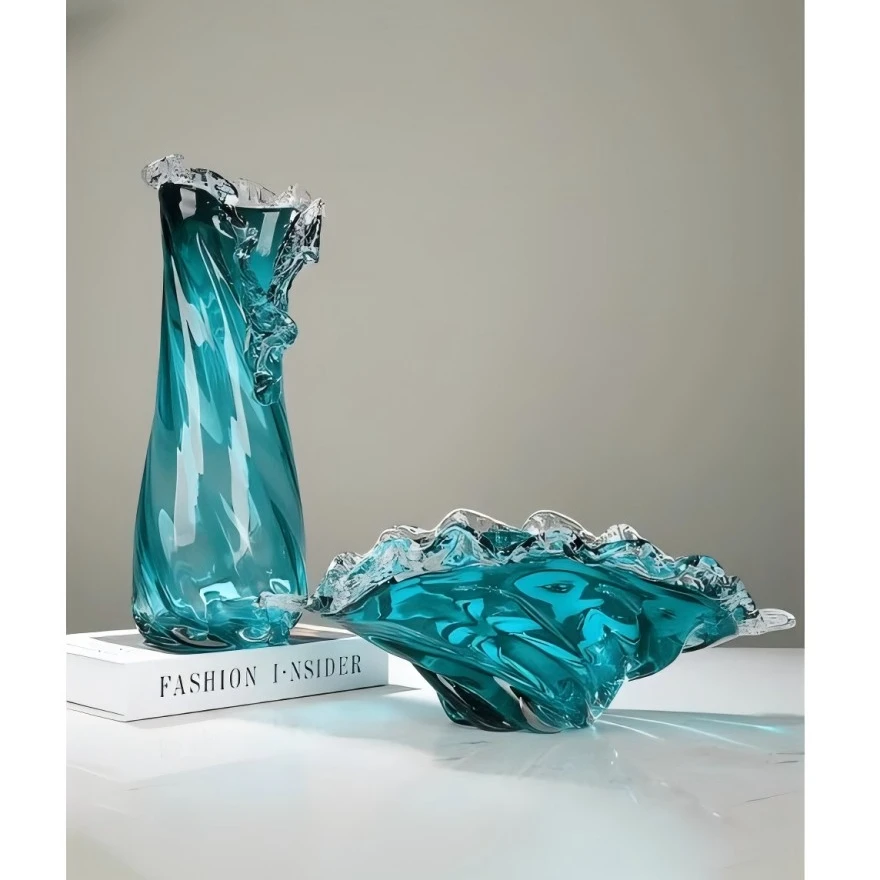 【海洋之星】现代轻奢蓝色斜口琉璃花瓶+果盘套装创意装饰花器摆件