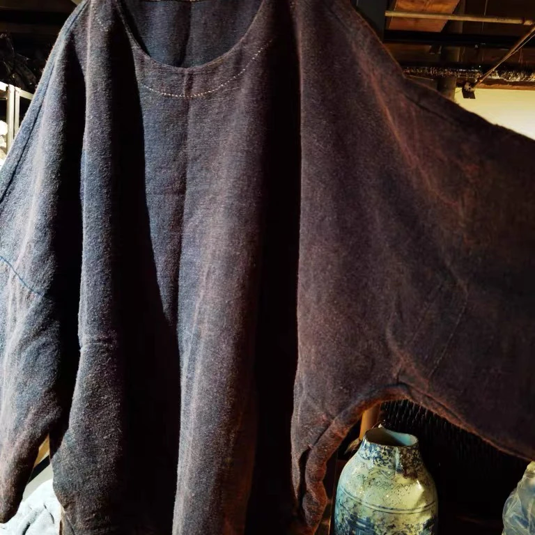 沉香布衣草堂  原创超宽松亚麻圆领套头大衫中长衣