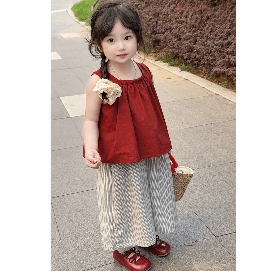 女童套装夏装吊带夏季儿童森系女宝纯色衣服条纹阔腿裤女孩两件套