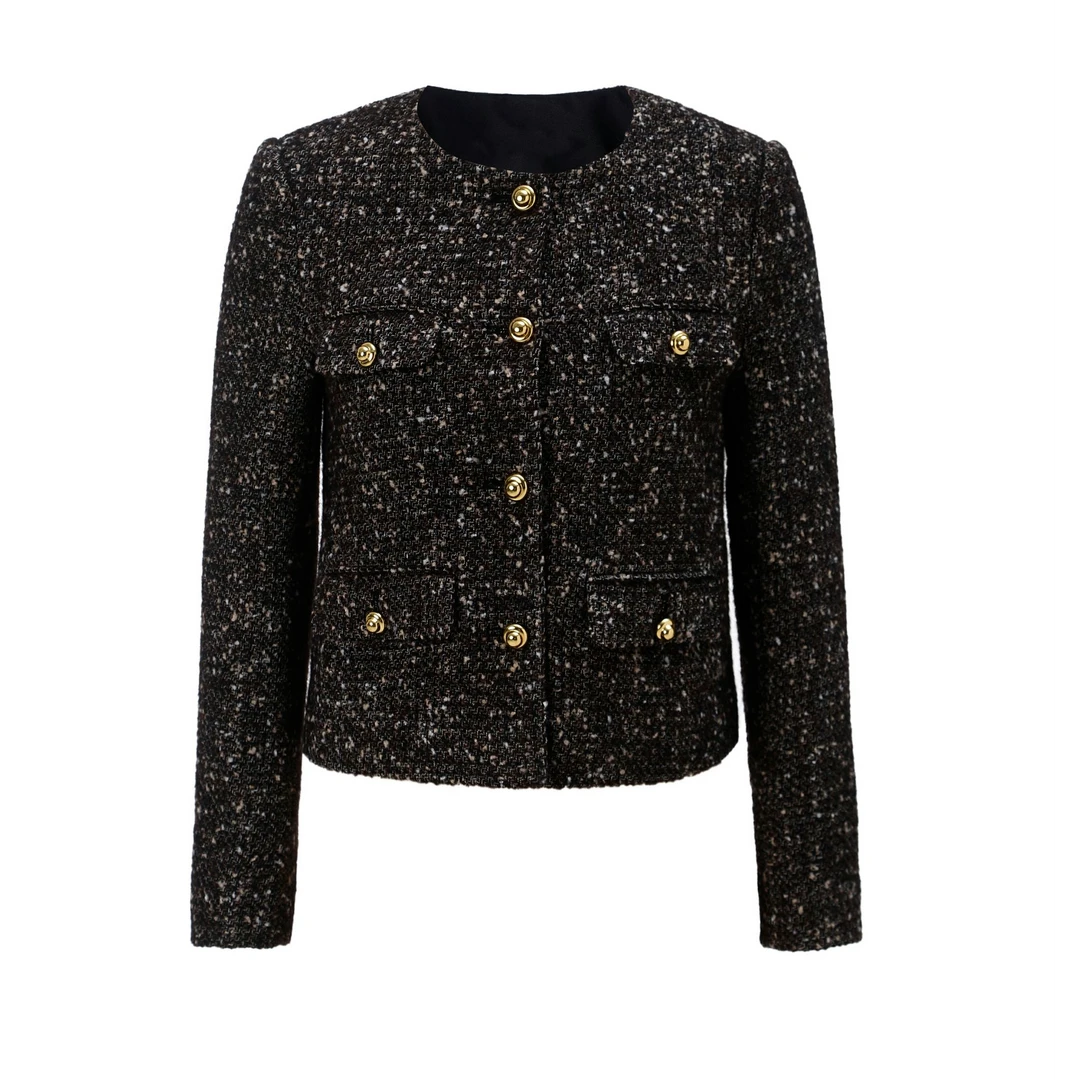 美拉德风棕色简约粗花呢外套0016