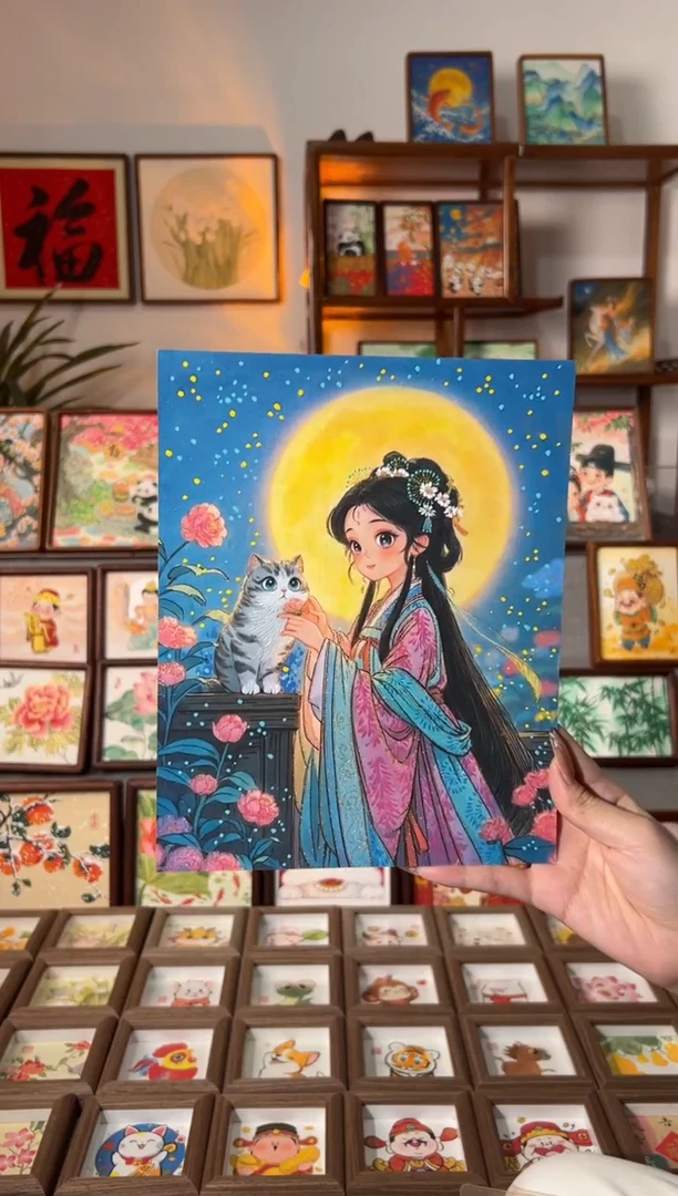 【闪购商品】国画月亮猫咪女孩 手绘国画10寸画芯