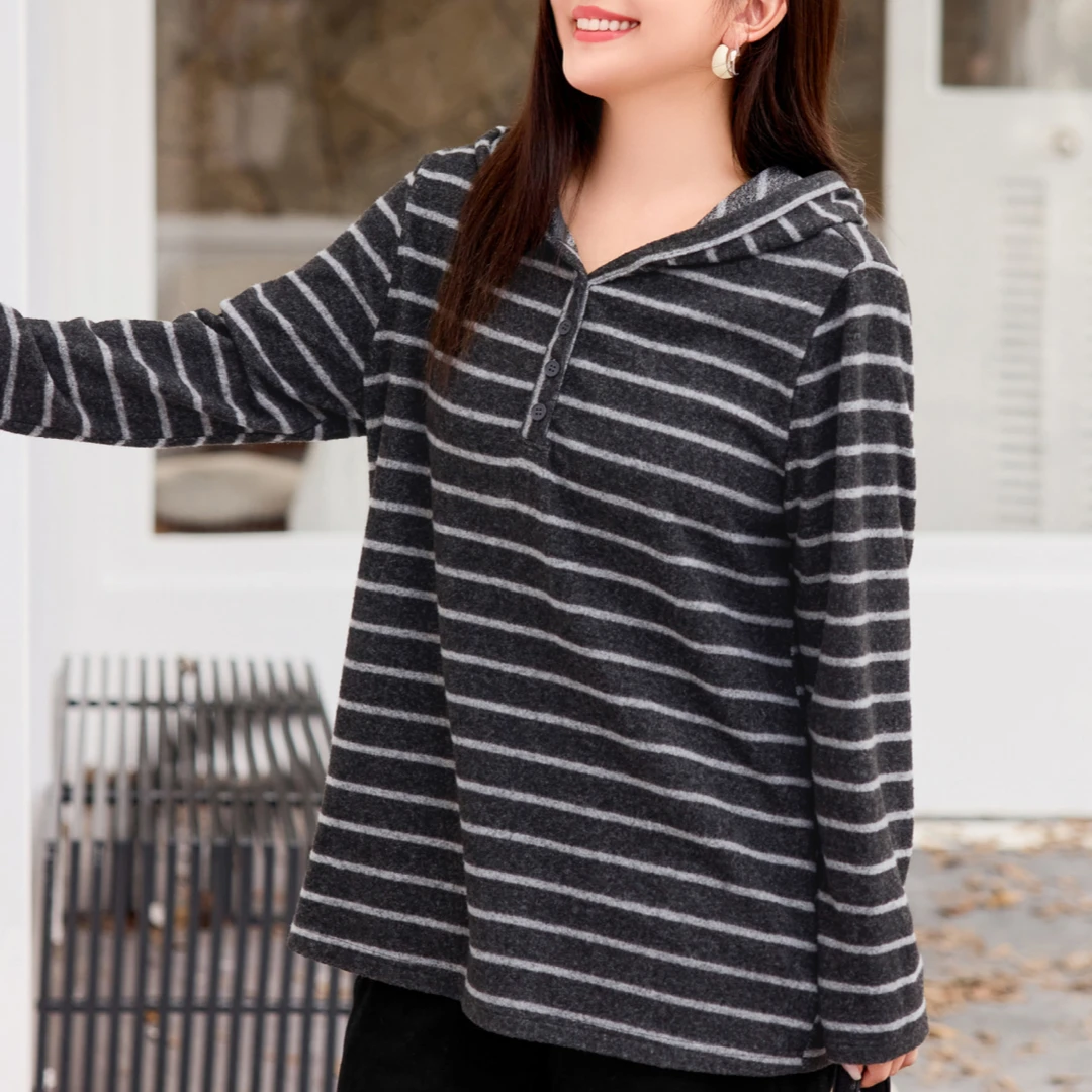 【抓毛条纹连帽T恤】MsShe大码女装冬季宽松长袖上衣打底衫Q2511025