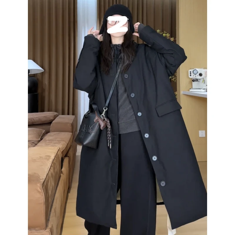 休闲百搭长款外套女2025冬季大码胖MM小众宽松加厚高级羽绒服