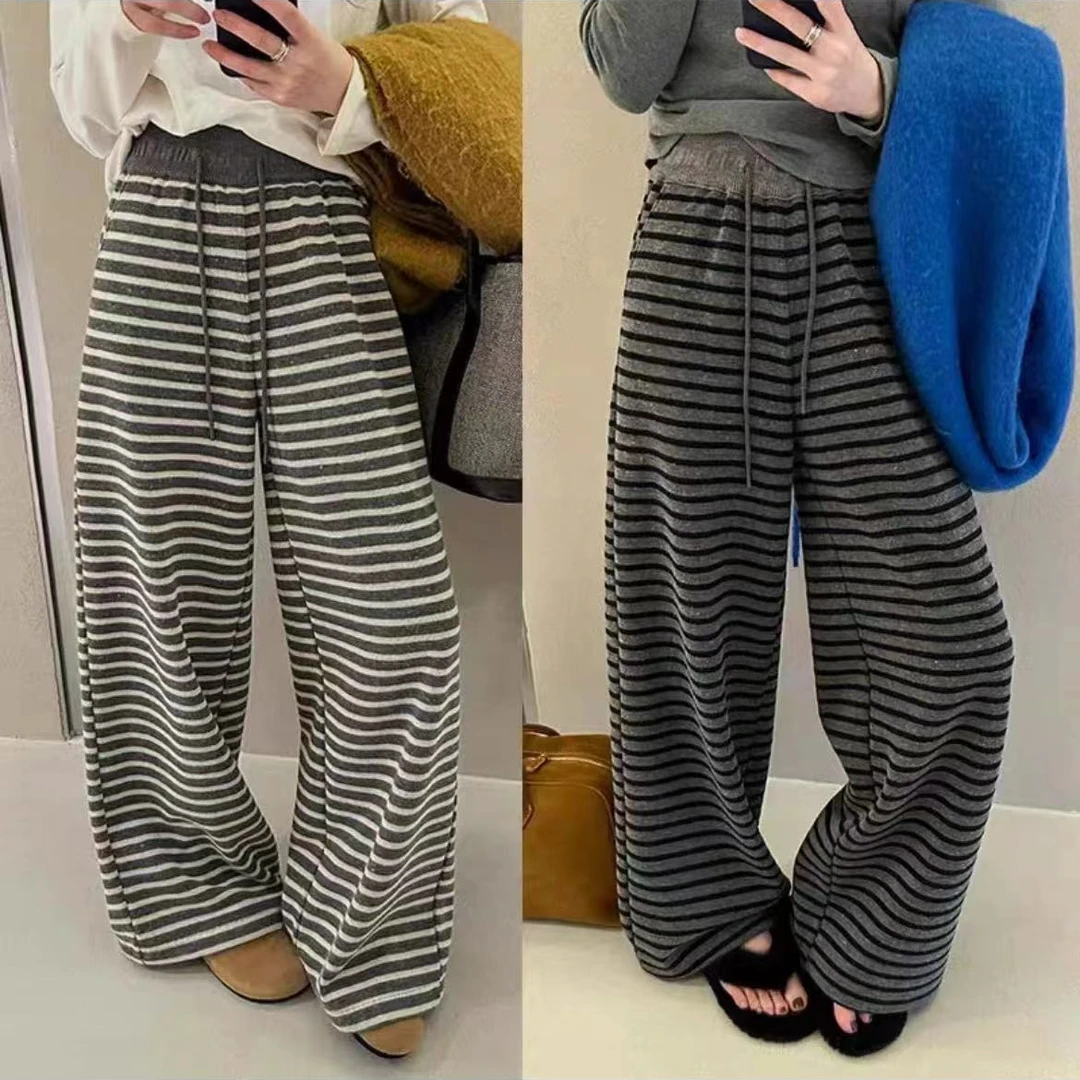 2025春季新款女条纹阔腿裤时尚休闲洋气百搭垂感宽松托地裤