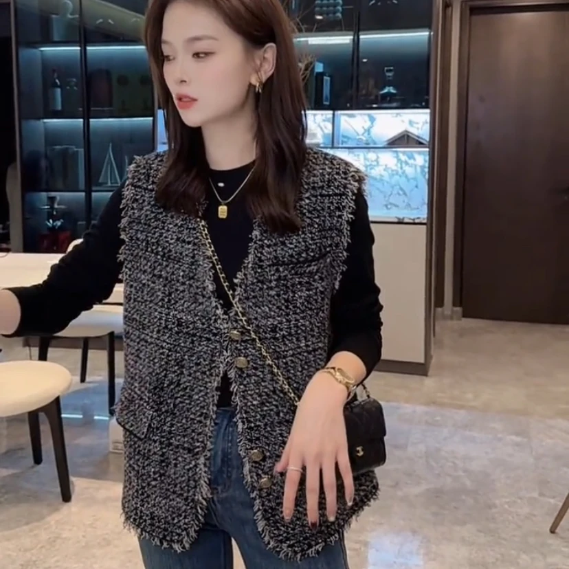 正品爆款短款小香风V领马甲外套女2025春新款时尚坎肩上衣女款