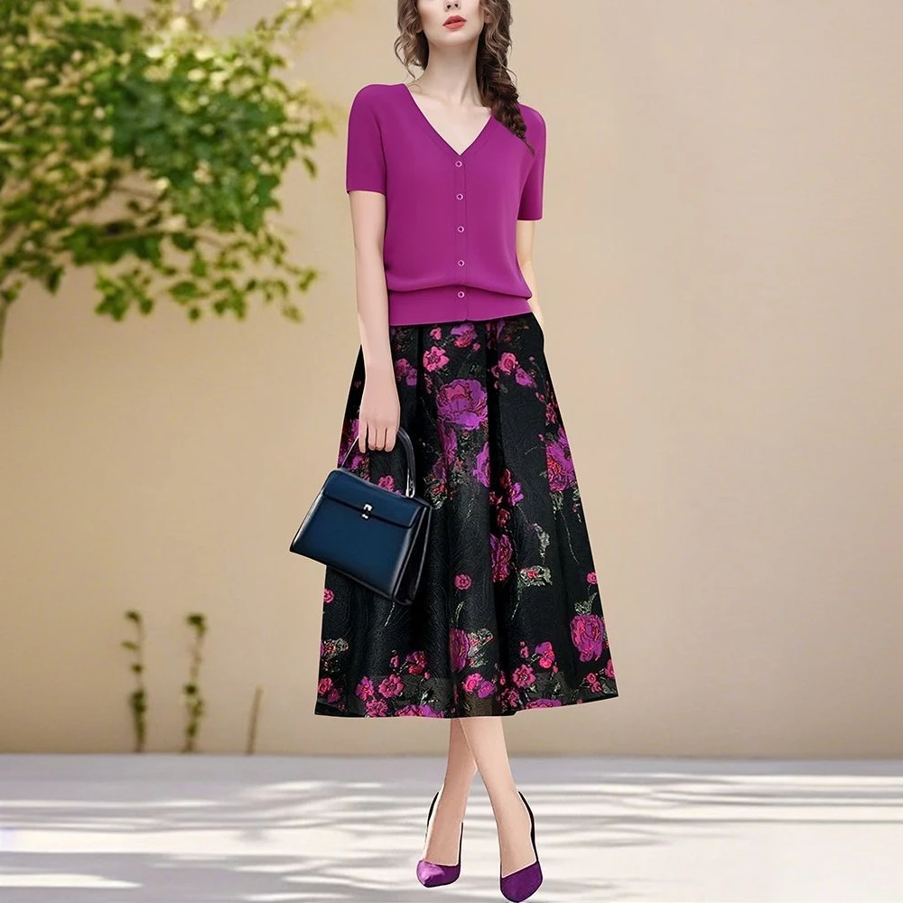 【通勤套装】夏季时尚韵味紫色短袖高腰洋气玫瑰印花a字裙99440+Q54