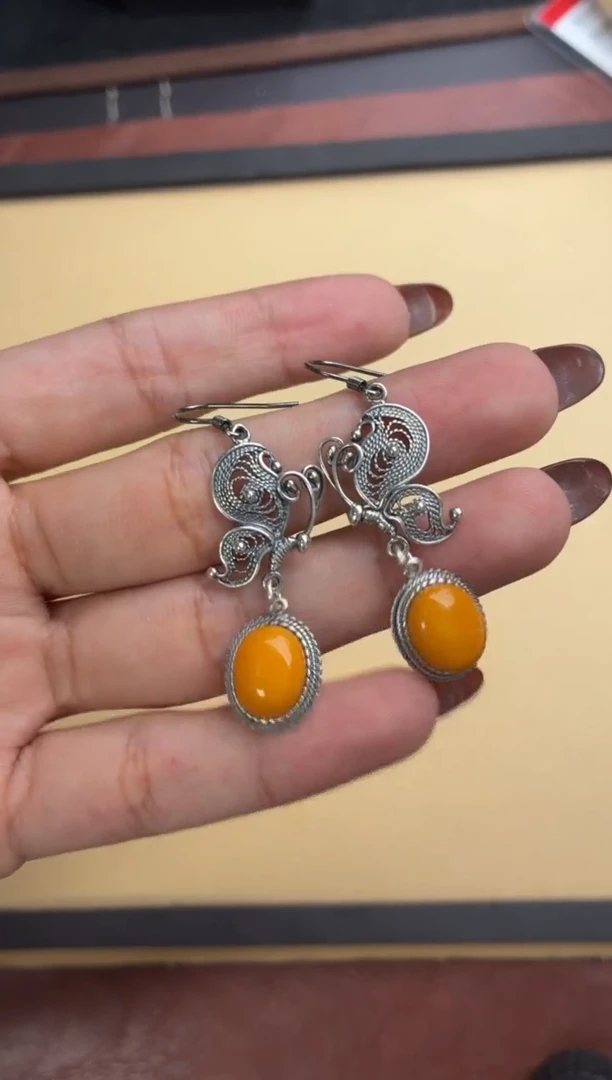 蜜蜡银S925镶嵌耳坠噶玛商学 银S925