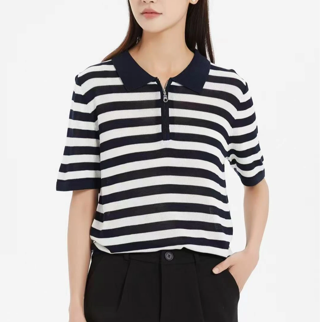 莱赛尔夏季新款休闲时尚百搭半拉链翻领条纹短袖T恤H5858