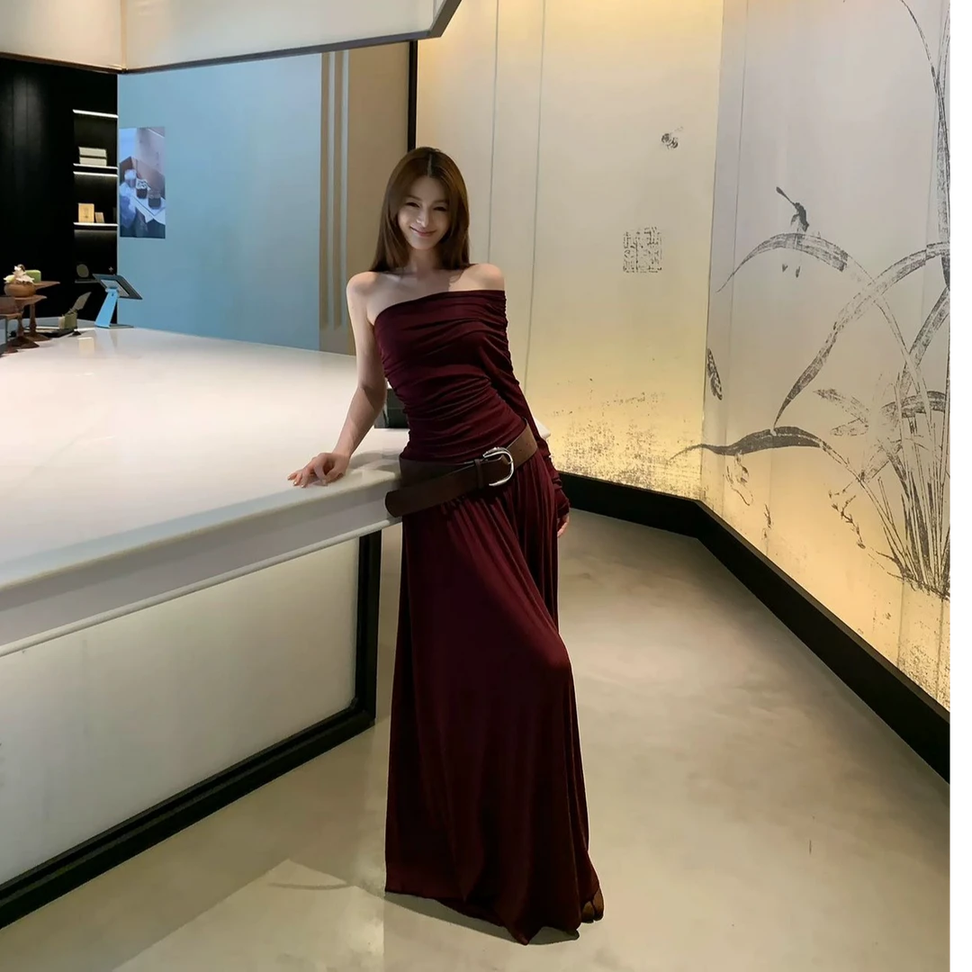 简约大方气质法式一字肩秋季设计感褶皱长袖上衣+半身裙两件套装