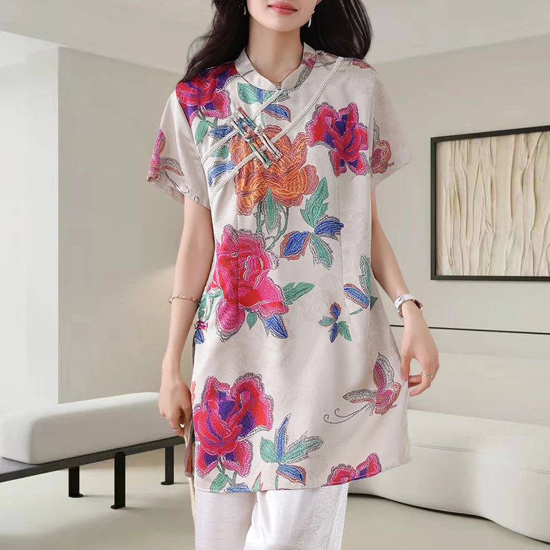 2025夏季新款印花新中式改良旗袍中长款夏季新款宽松百搭衬衫女装