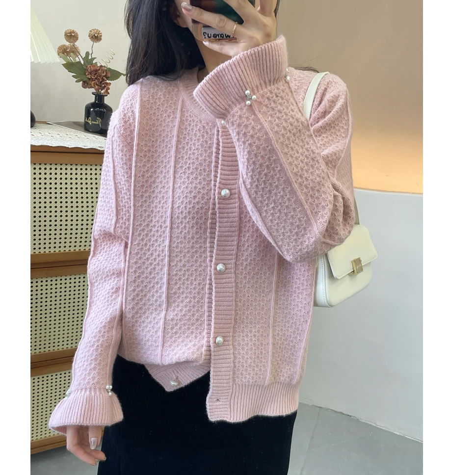 小香风洋气花边袖圆领钉珠针织开衫女宽松长袖针织衫气质外套新