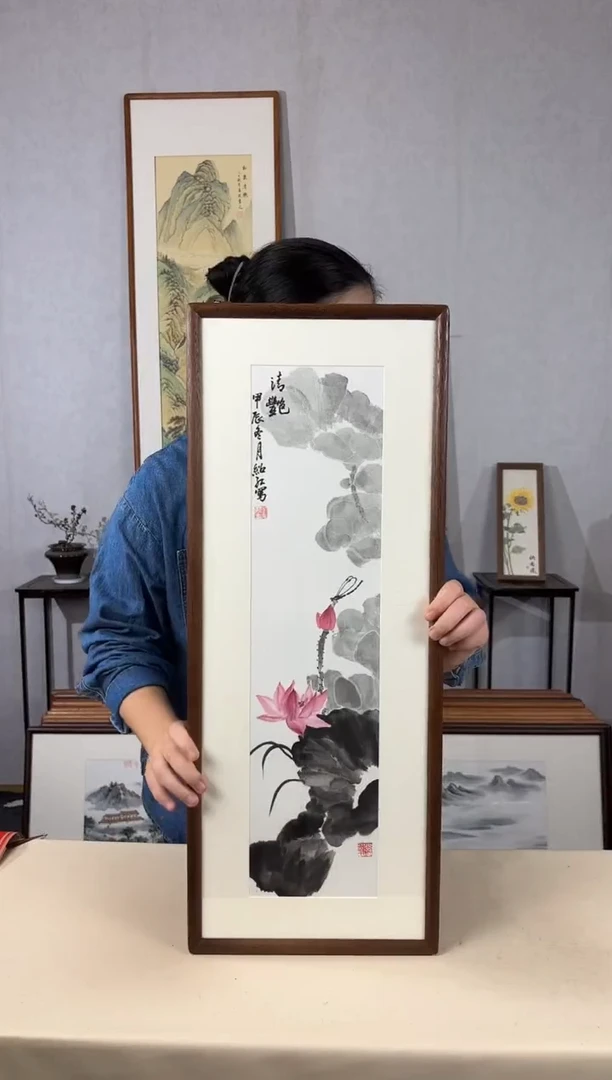 国画手绘*荷花*28*72cm实木框