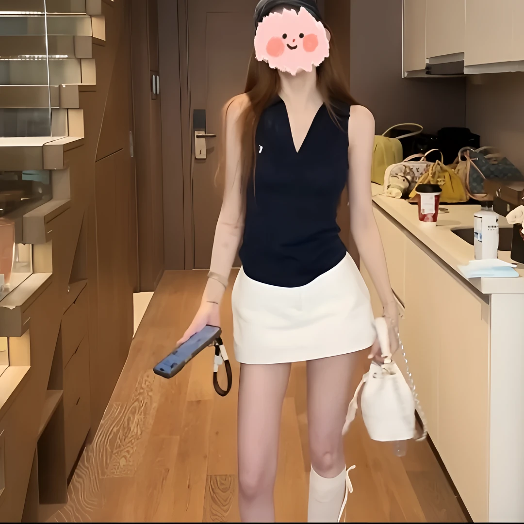2025夏季时尚气质无袖polo背心上衣+高腰显瘦包臀a字短裙裤套装女