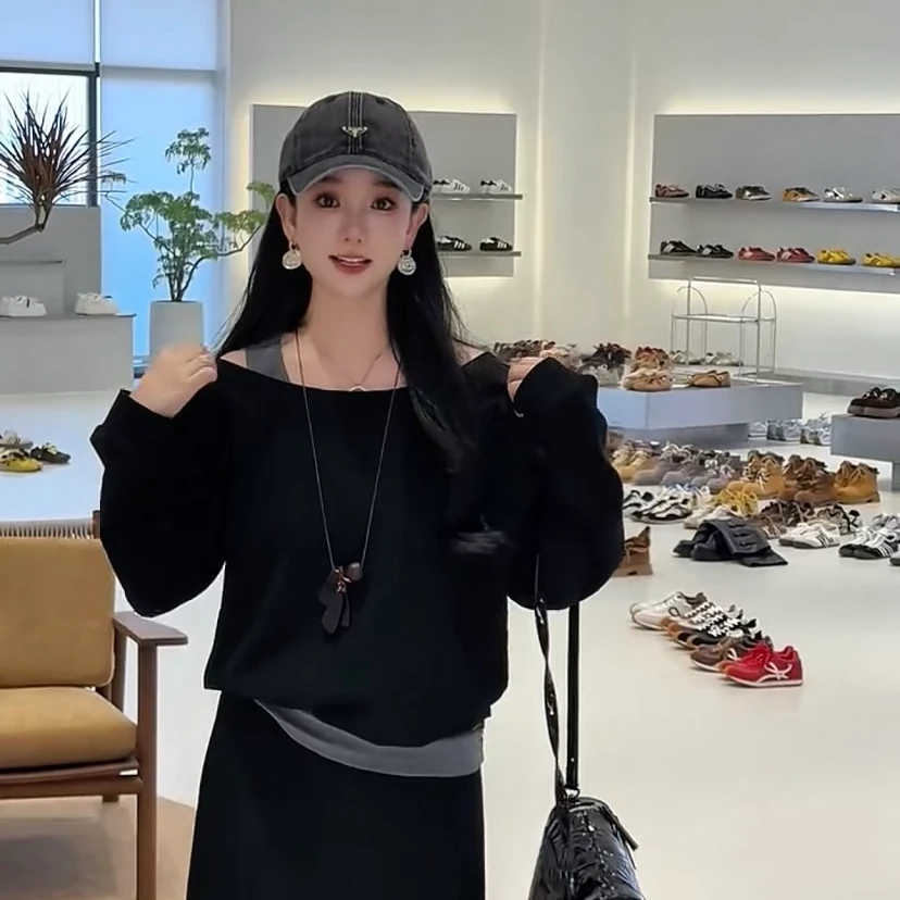 设计感假两件露肩长袖卫衣女秋装2025新款法式时尚休闲慵懒风上衣