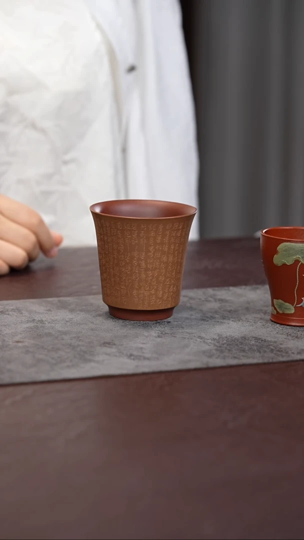茶杯紫砂双色粉浆 大悲 刻绘