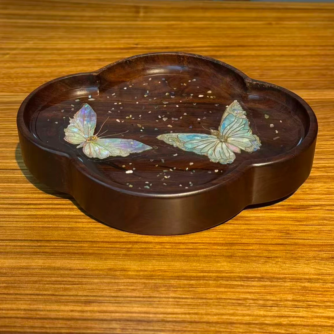 龙福木艺 黑檀木海棠螺钿壶承 18.15.2cm