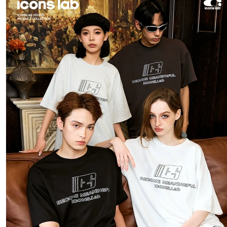 iconslab链条绣花字体logo短袖T恤情侣宽松印花圆领IC01242119