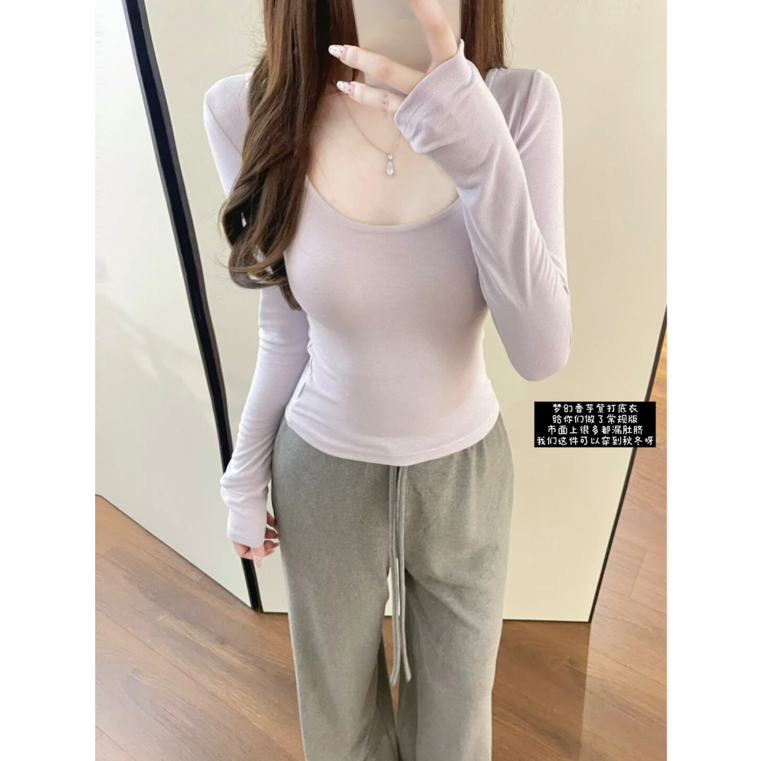 舞蹈家裸肤感内搭打底衣女修身T恤秋冬新款修身显瘦百搭正肩上衣