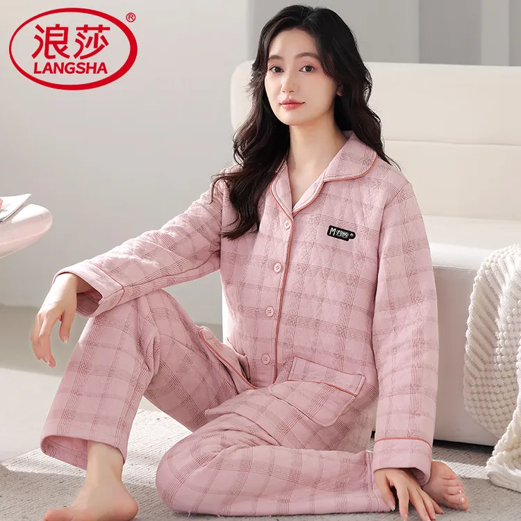 浪莎夹层女士睡衣秋冬季长袖翻领纯棉加厚全棉保暖休闲家居服套装