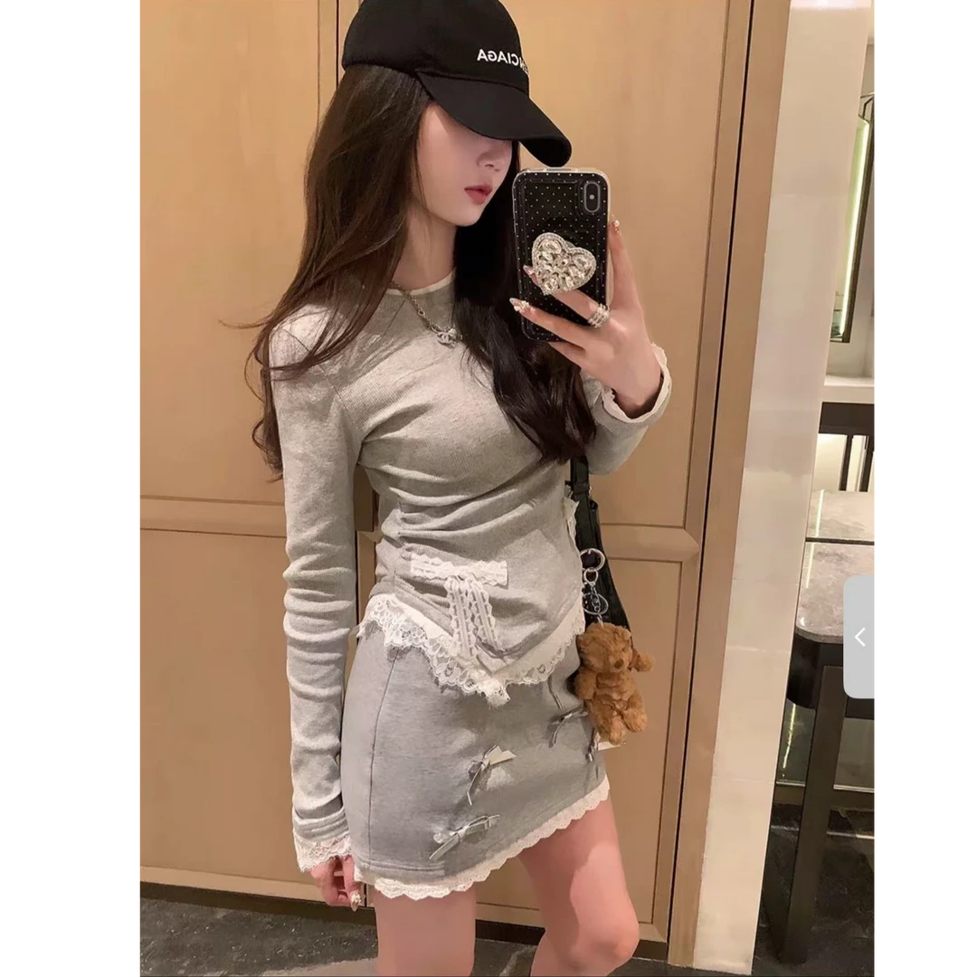 【FAFA】大码女装韩系蕾丝拼接蝴蝶结显瘦打底上衣