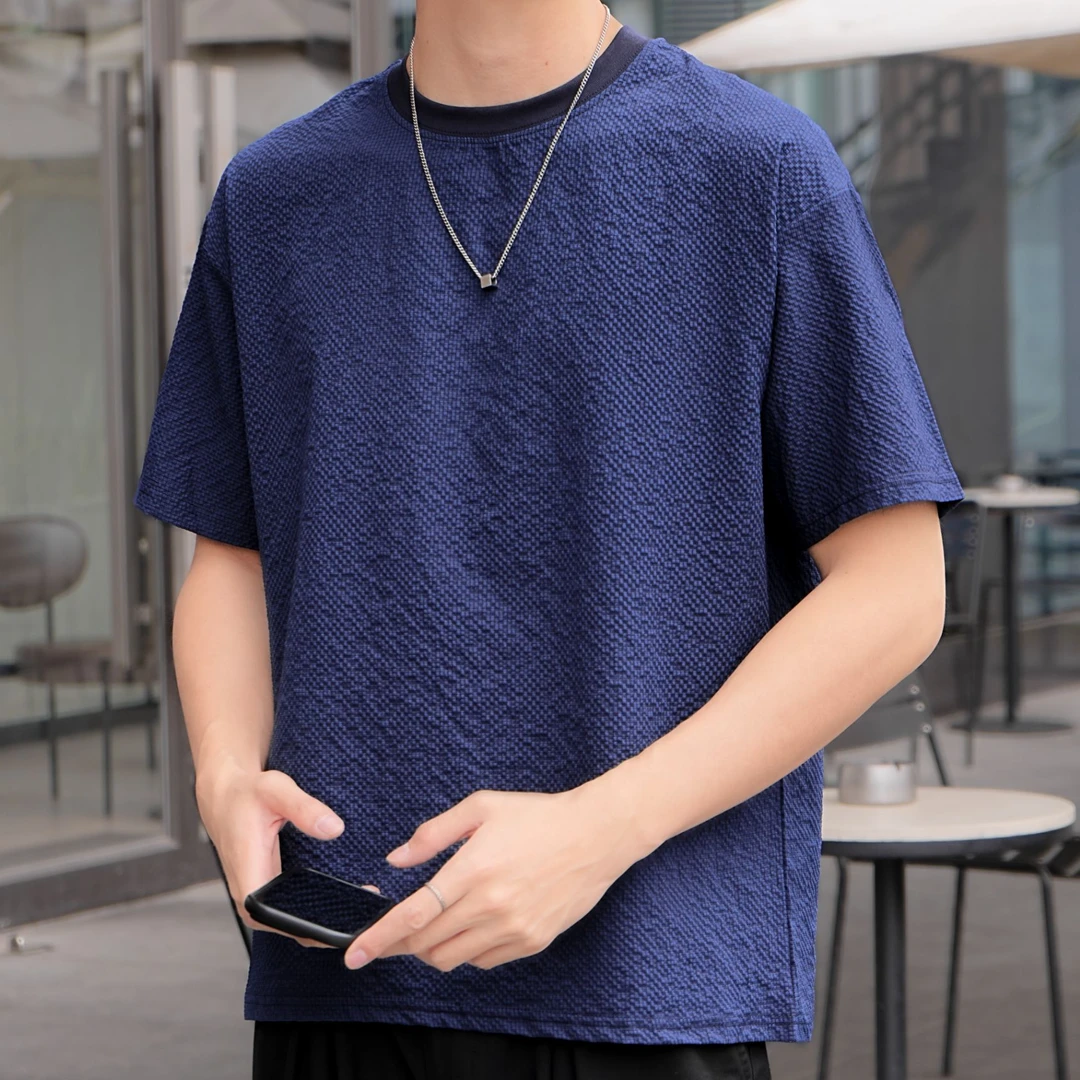 男士夏季泡泡纱速干T恤轻薄干爽透气宽松穿搭时尚圆领短袖T恤
