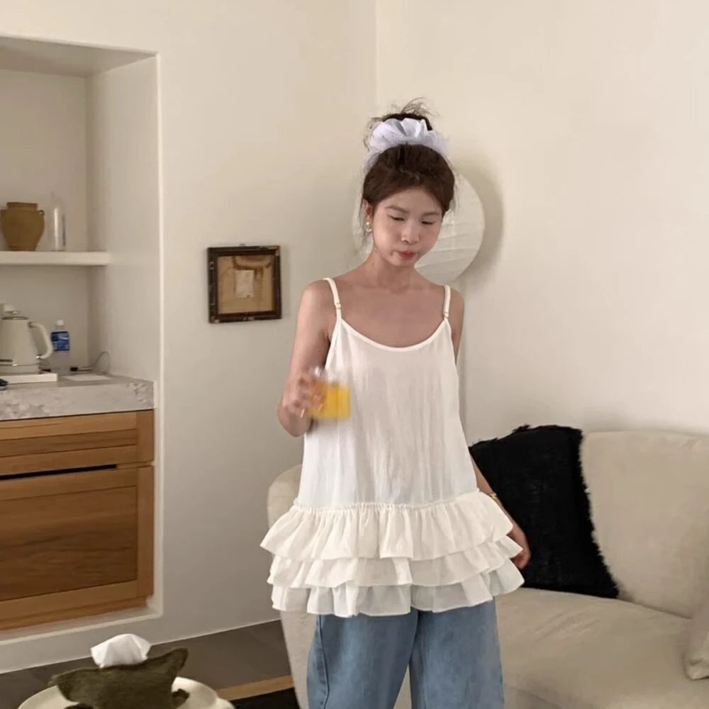 白色U领下摆花边吊带背心中长款法式上衣