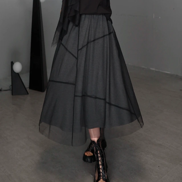 鑫鑫网纱拼接垂感半身裙伞裙中长款格子A字薄款显瘦夏季新款2399