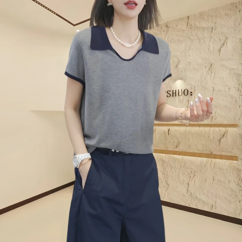 上档次翻领短袖T恤2025夏季新款时尚气质百搭遮肉显瘦短袖针织衫