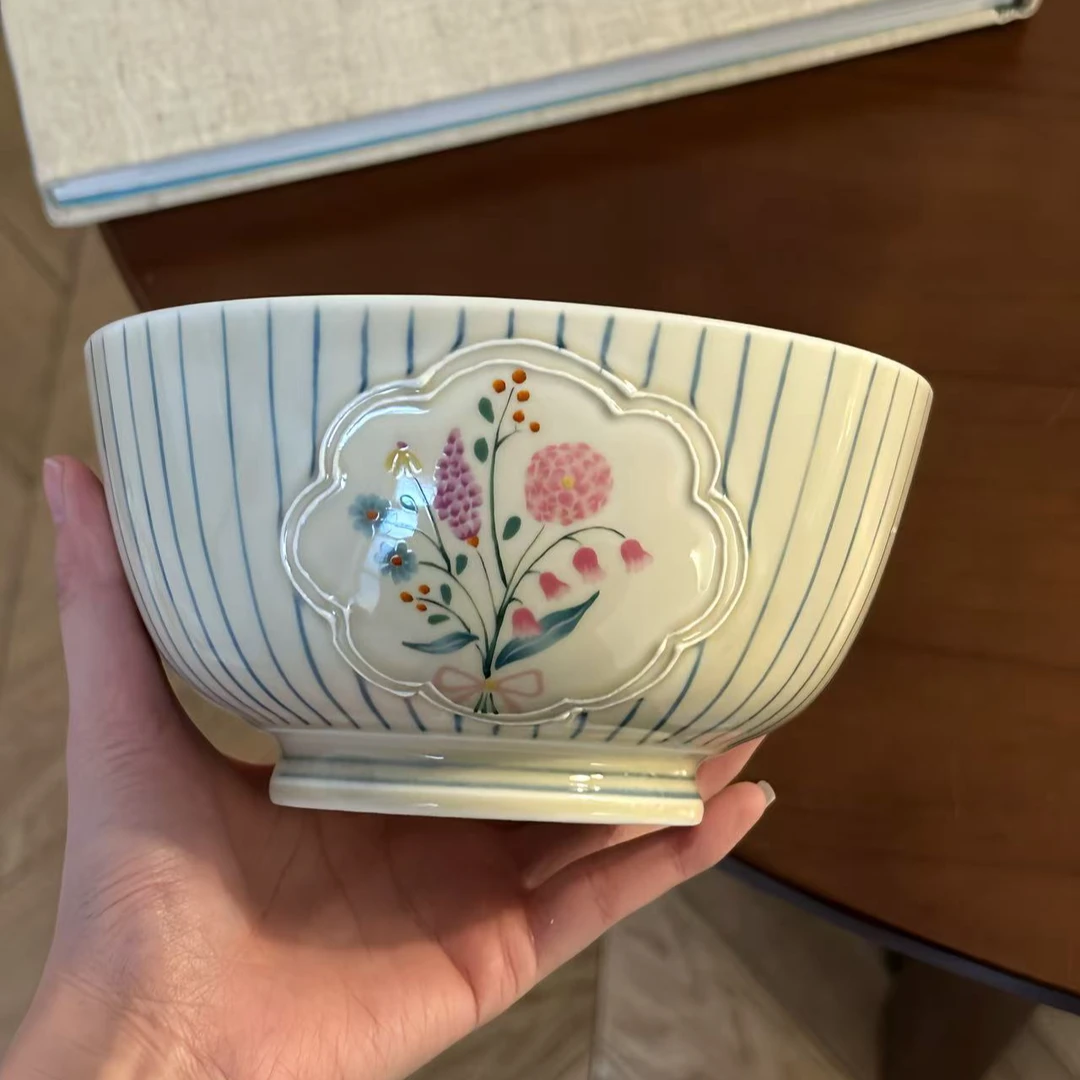 家用日式7.5英寸高脚碗吃饭碗田园元素纯色釉彩汤碗碗法式米饭碗