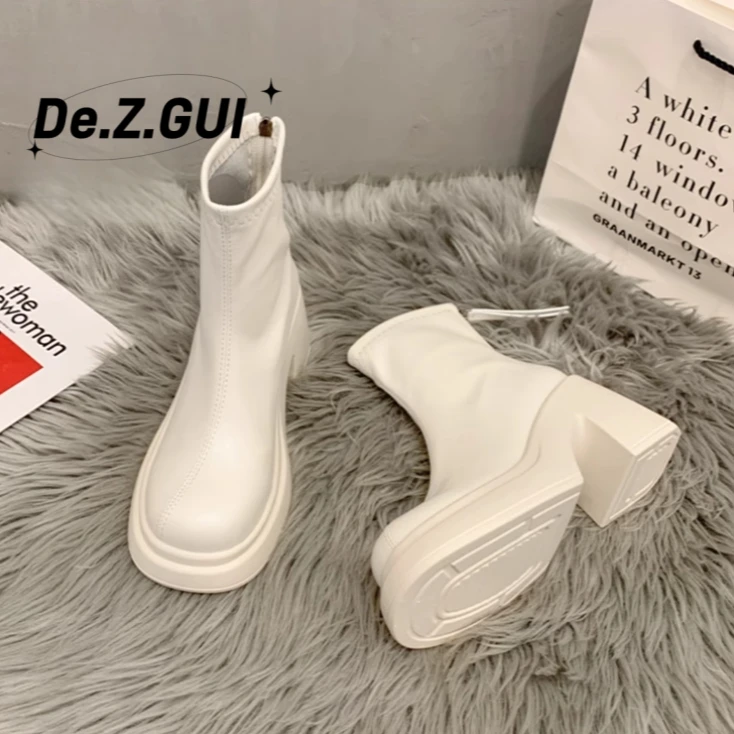 网红厚底7CM白色短靴女松糕小个子增高弹力粗跟瘦瘦靴加绒马丁靴
