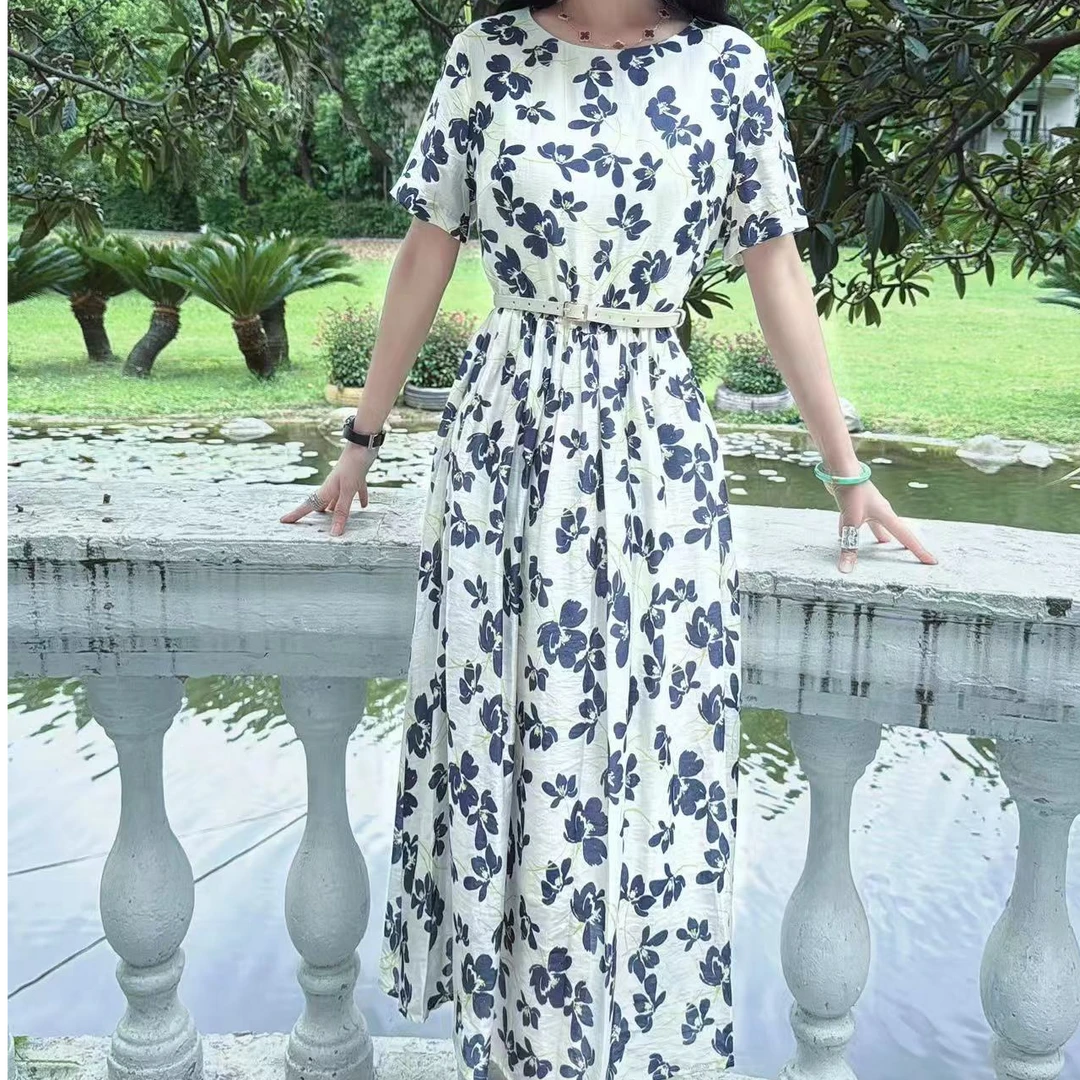 M52D033慕之淇天丝+棉麻轻奢时尚重工大花朵印花大摆连衣裙