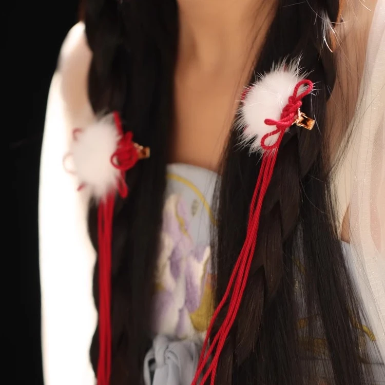 秋冬毛茸茸边夹发夹小女孩发饰气质百搭时尚拜年汉服头饰红色编绳