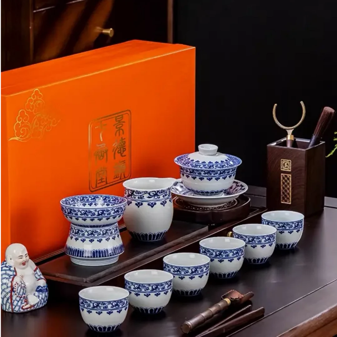 高档宝相青花瓷茶具套装景德镇陶瓷三才盖碗茶杯