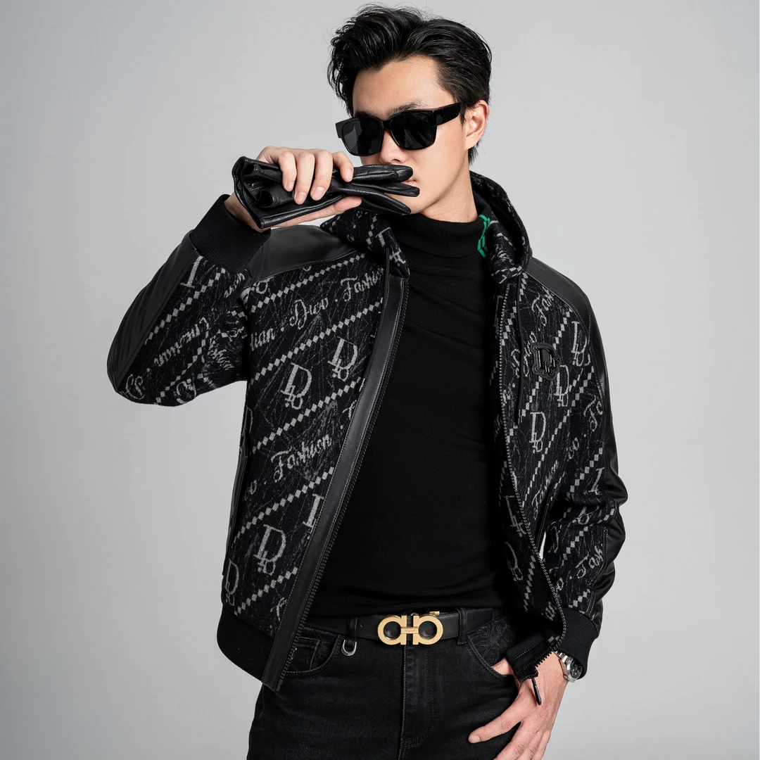 AipuDongni/艾普东尼男士时尚休闲真皮拼接白鸭绒夹克皮衣外套