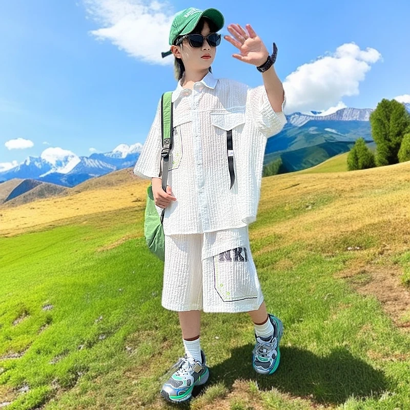 男童夏装短袖套装2025中大儿童夏季衬衫两件套男孩薄款夏款潮洋气