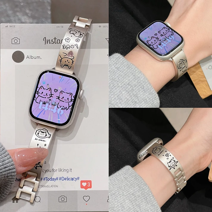 适用applewatchS10表带新款苹果S9手表S8猫咪女款金属高级SE夏天7
