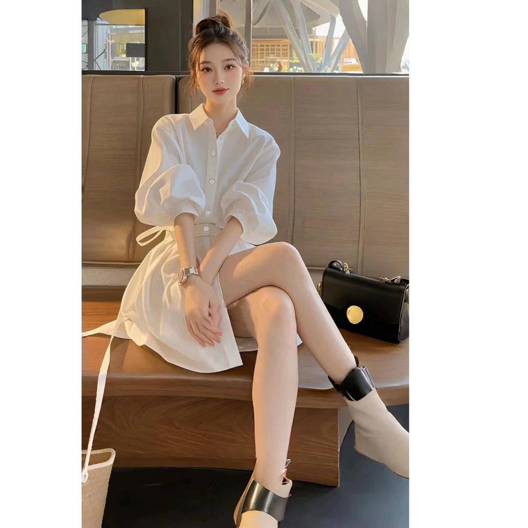 2025春季新款女装御姐别致绝美法式高级感收腰白色衬衫式连衣裙子
