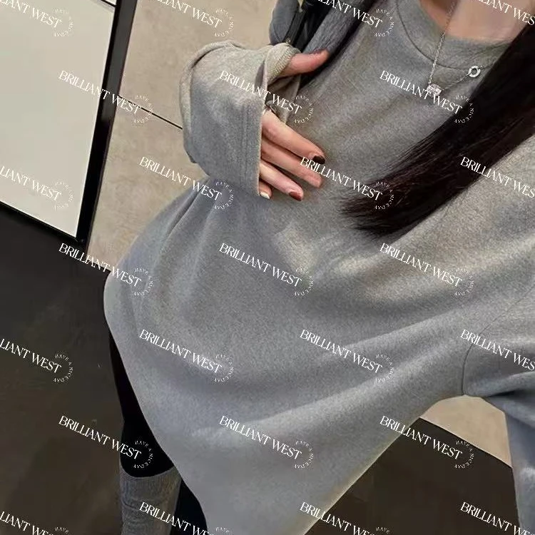 慵懒风宽松休闲圆领灰色长袖打底T恤 LH-2341