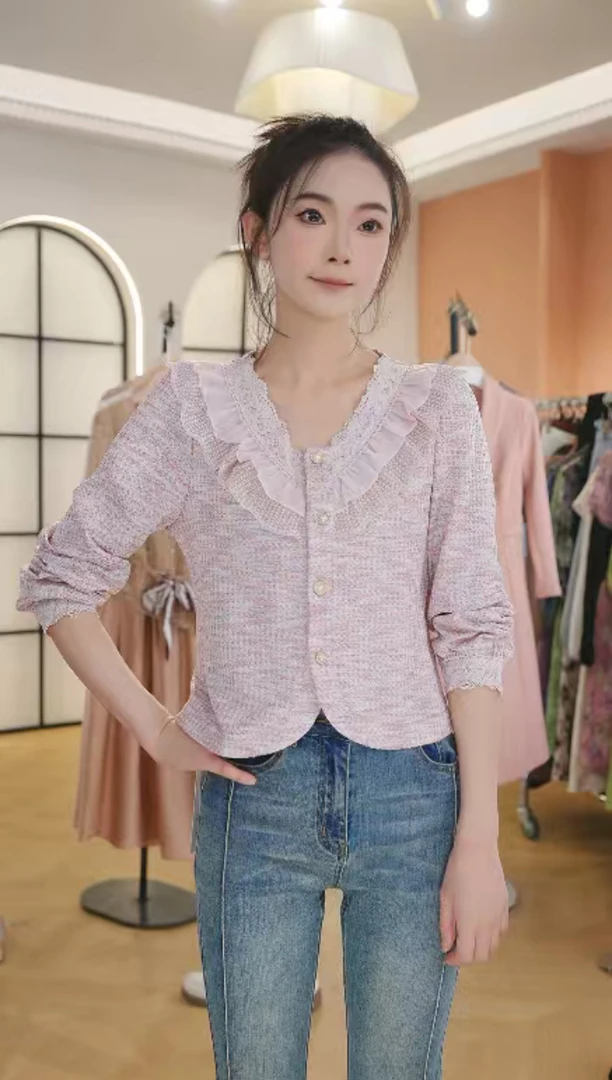 Z8693春秋款女装显瘦时尚气质百搭蕾丝拼接长袖上衣女