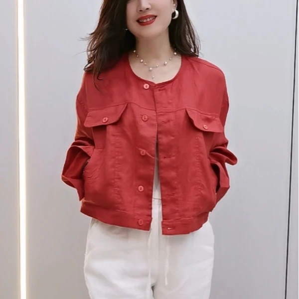 04-圆领宽松版亚麻短外套