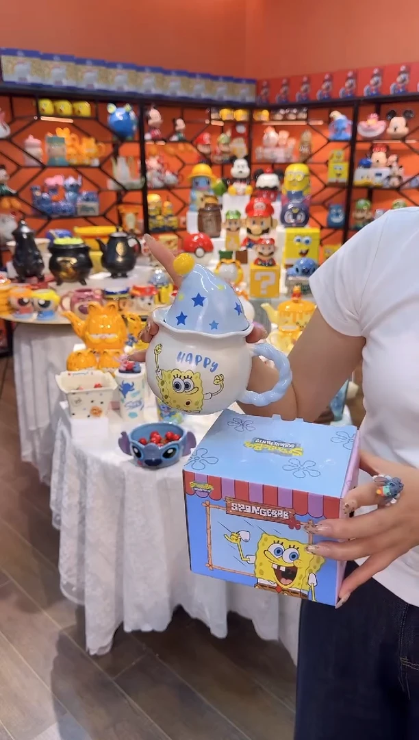 瓷片@@海绵宝宝联名星星人带盖陶瓷杯