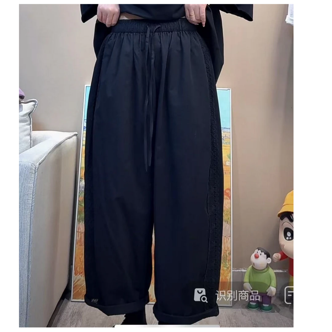 薄款斜纹棉拼接钩花休闲裤女