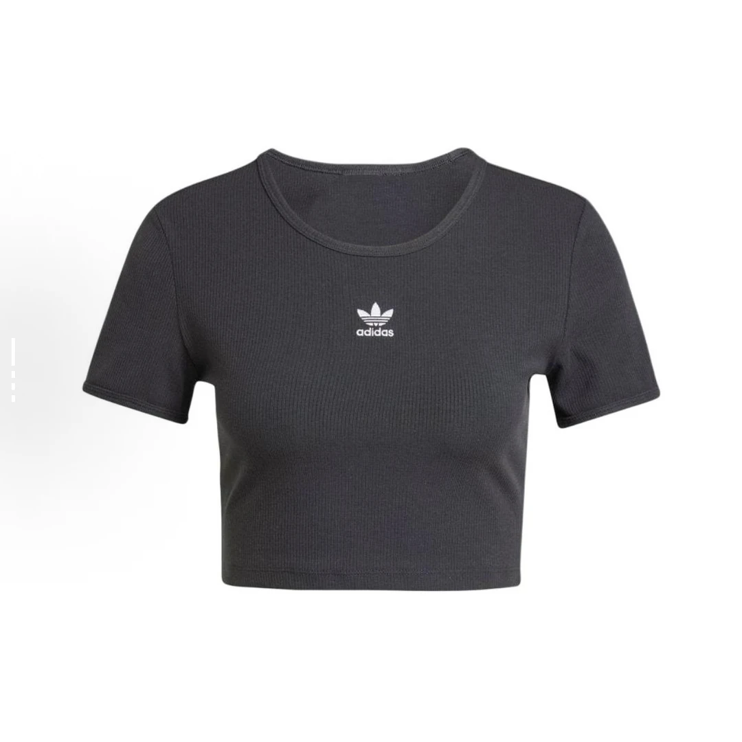 adidas 修身短款圆领舒适短袖  常规T恤 女款 黑色IY9664时尚百搭