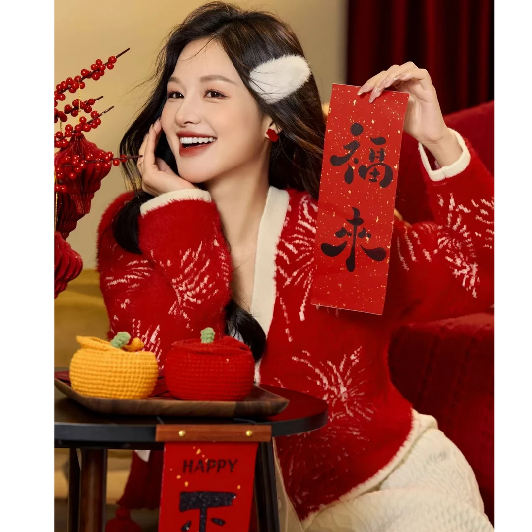 超好看撞色烟花针织衫冬减龄氛围感洋气开衫毛衣