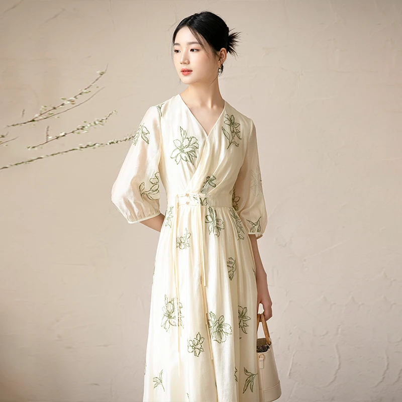 初蝉新中式国风女装夏季新款收腰显瘦仙气高端印花连衣裙0438-N