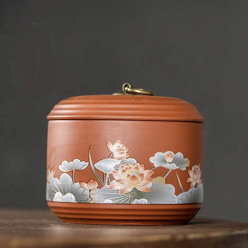 紫砂荷韵茶叶罐圆形密封防潮储物罐hycyghx