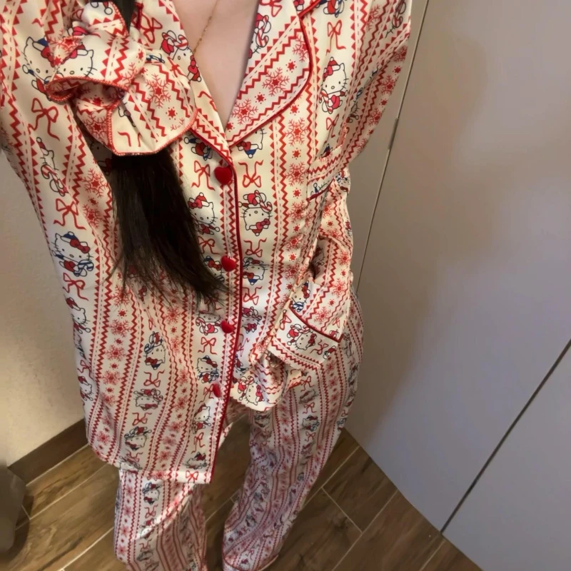 新年红色凯蒂猫冰丝睡衣女款春秋季2025新款高级感大码家居服套装