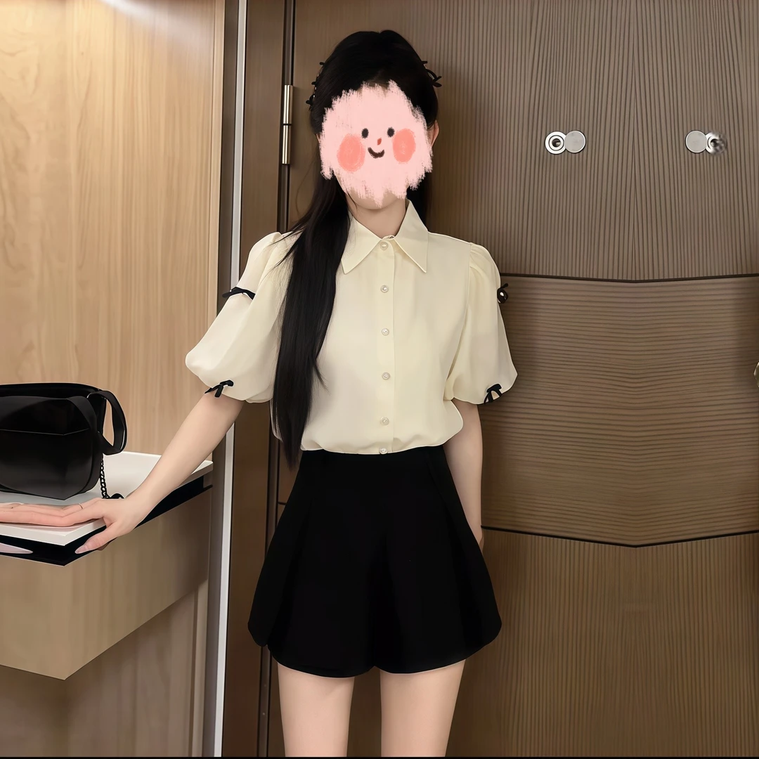 韩版温柔风洋气甜美短袖翻领泡泡袖蝴蝶结衬衫上衣半身裙两件套装