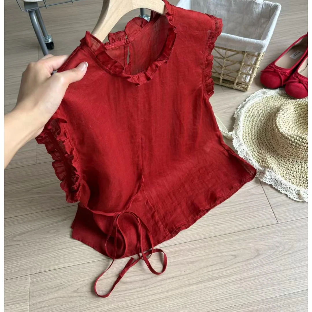 新款夏季韩系甜美车厘子红木耳边圆领系带小衫9326